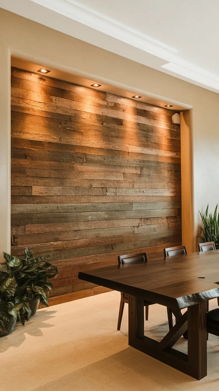 This dining room accent wall is the heart of this space. The textured wood creates a captivating focal point, transforming ordinary dining room walls into a breathtaking dining room feature wall. Find your own dining room inspiration with this unique design.