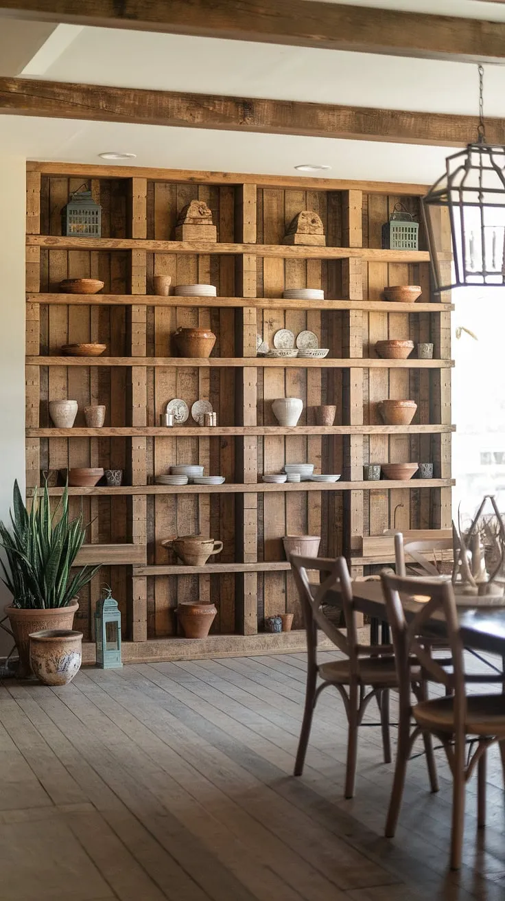 This dining room's accent dining room wall is a showstopper. The clever use of wooden shelves creates a unique dining room feature wall, filled with carefully curated dining room accents like pottery and lanterns. The rustic aesthetic, enhanced by the wooden table and chairs and wooden plank flooring, offers a wealth of dining room inspiration. The overall effect is a warm and inviting space, a testament to thoughtful dining room interiors and the impact of a well-designed dining room walls.