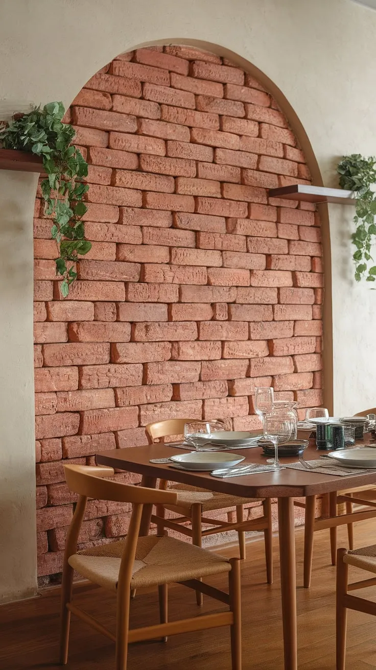 This dining room's design is all about creating a focal point. The textured brick dining room accent wall, a striking dining room feature wall, immediately draws the eye. The rich color complements the wooden furniture and the carefully chosen dining room accents, including the plants and simple tableware. This space offers plenty of dining room inspiration, showcasing how a thoughtfully designed dining room walls can transform dining room interiors.