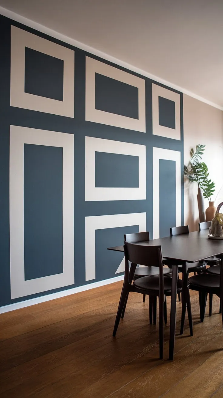 This dining room's design is elevated by a captivating dining room accent wall. The large-scale geometric pattern in dark grey and white serves as a focal point, showcasing the power of a well-chosen dining room feature wall. The overall effect is a chic and modern dining room, with subtle dining room accents adding warmth to the space. The image provides excellent dining room inspiration for those looking to create a memorable dining room interiors. The careful selection of dining room walls transforms the space.