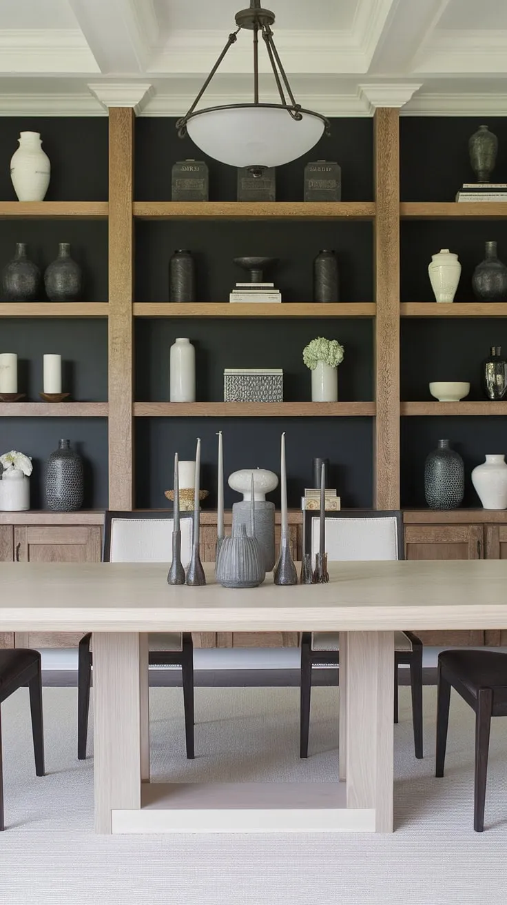 This dining room's design is a masterclass in creating ambiance. The dining room walls are transformed with a unique dining room accent wall—a magnificent display of wooden shelves brimming with vases, candles, and decorative pieces. The dark hue of the accent dining room wall beautifully complements the light wood dining table and dark chairs, making it a prime example of sophisticated dining room interiors. Find your own dining room inspiration in this carefully curated space.