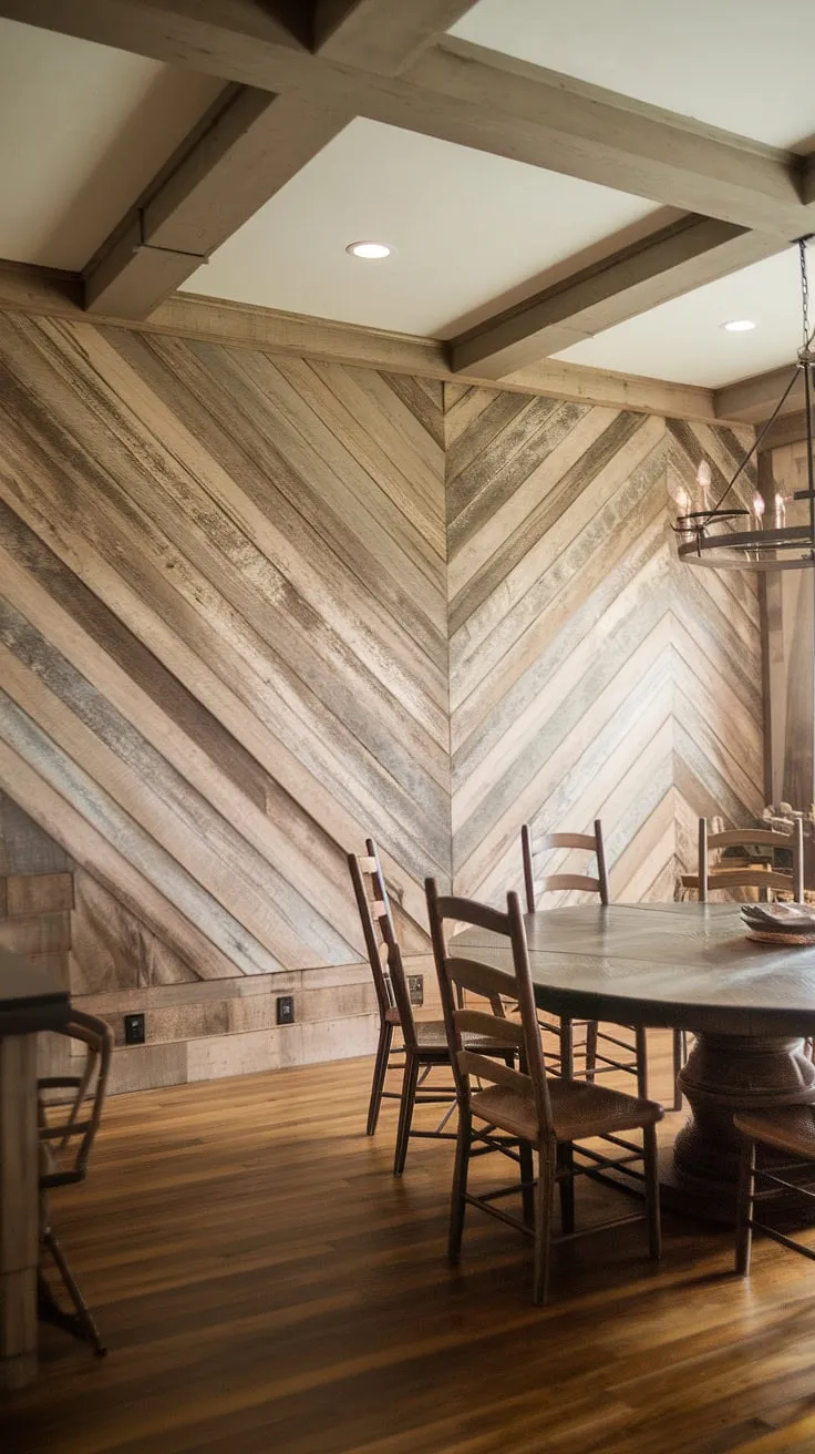 Transform your dining room walls with a statement piece. This dining room accent wall, crafted from distressed wood planks, elevates the entire space. The unique design adds character and visual interest to these dining room interiors, offering endless dining room inspiration and showcasing the perfect blend of dining room accents.
