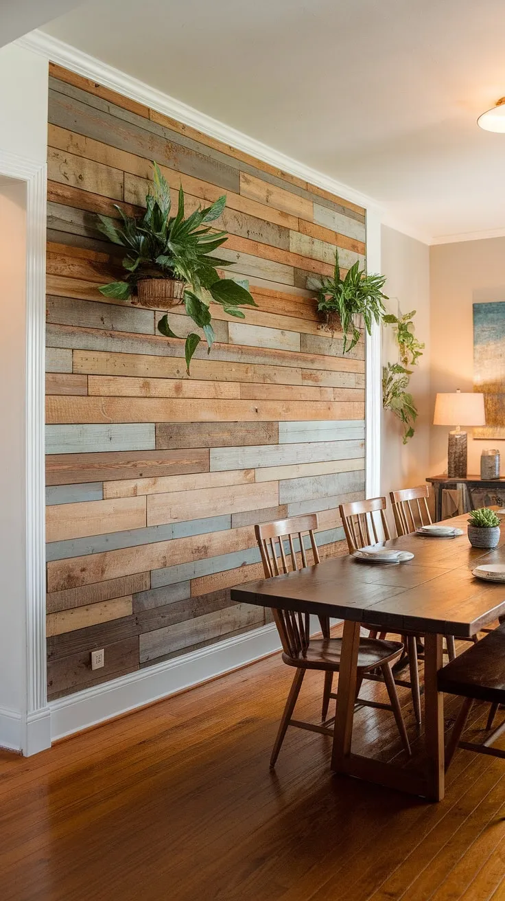 This dining room's dining room accent wall is a showstopper! The textured white planks add character to the dining room walls, creating a unique and inviting dining room inspiration space. See how simple dining room accents can transform your dining room interiors.