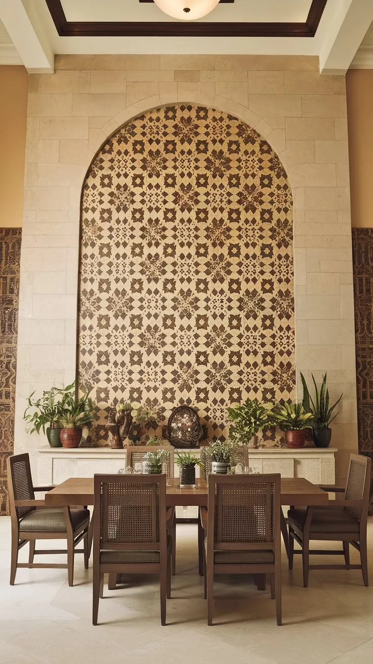 Warmth radiates from this dining room, where a stunning accent dining room wall takes center stage. The intricate dark brown and beige tile pattern, a true dining room feature wall, creates a captivating focal point within these inviting dining room interiors. The rich tones complement the wooden dining table and chairs, while potted plants and decorative accents add personality to the space, offering plenty of dining room inspiration for your own home. This is a perfect example of how a dining room accent wall can transform the entire feel of a room, showcasing the power of thoughtful dining room walls.