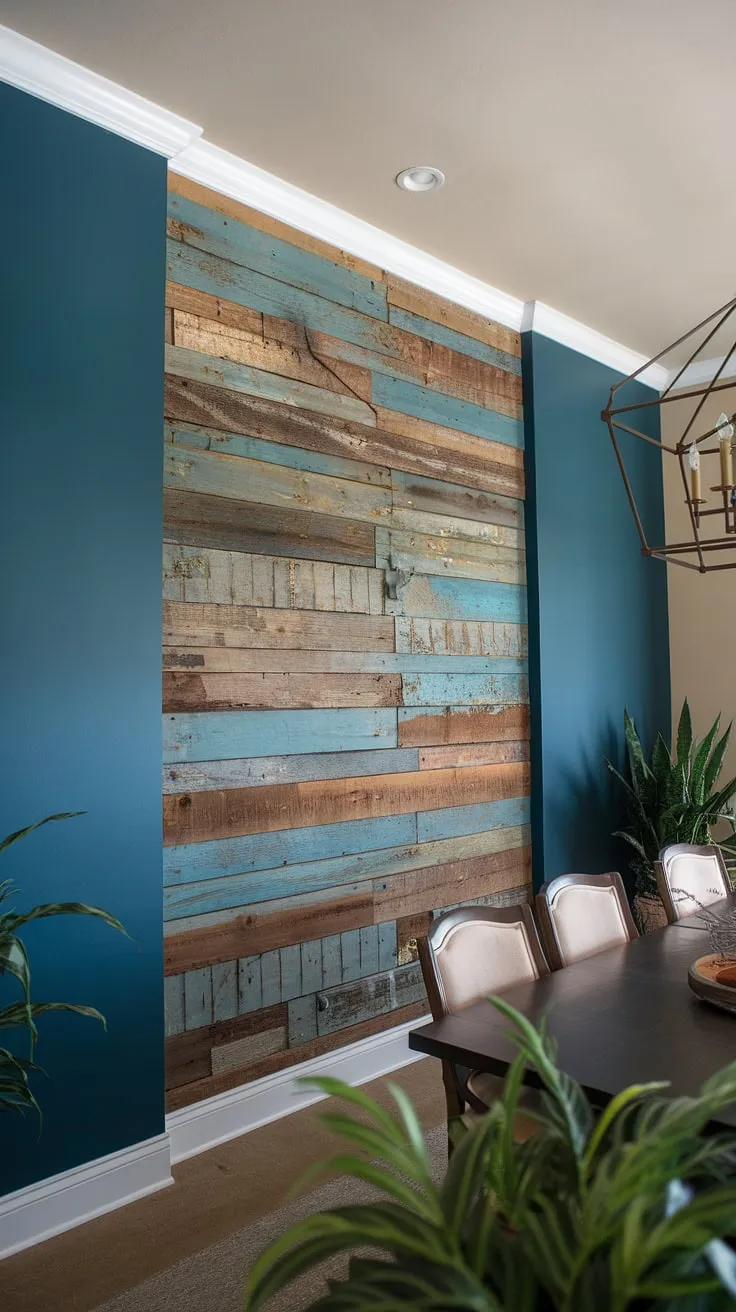 A captivating dining room accent wall transforms this space. The rich, reclaimed wood against the deep blue creates a dramatic dining room feature wall, adding warmth and character to these dining room interiors. Find your own dining room inspiration with this striking example of dining room walls.