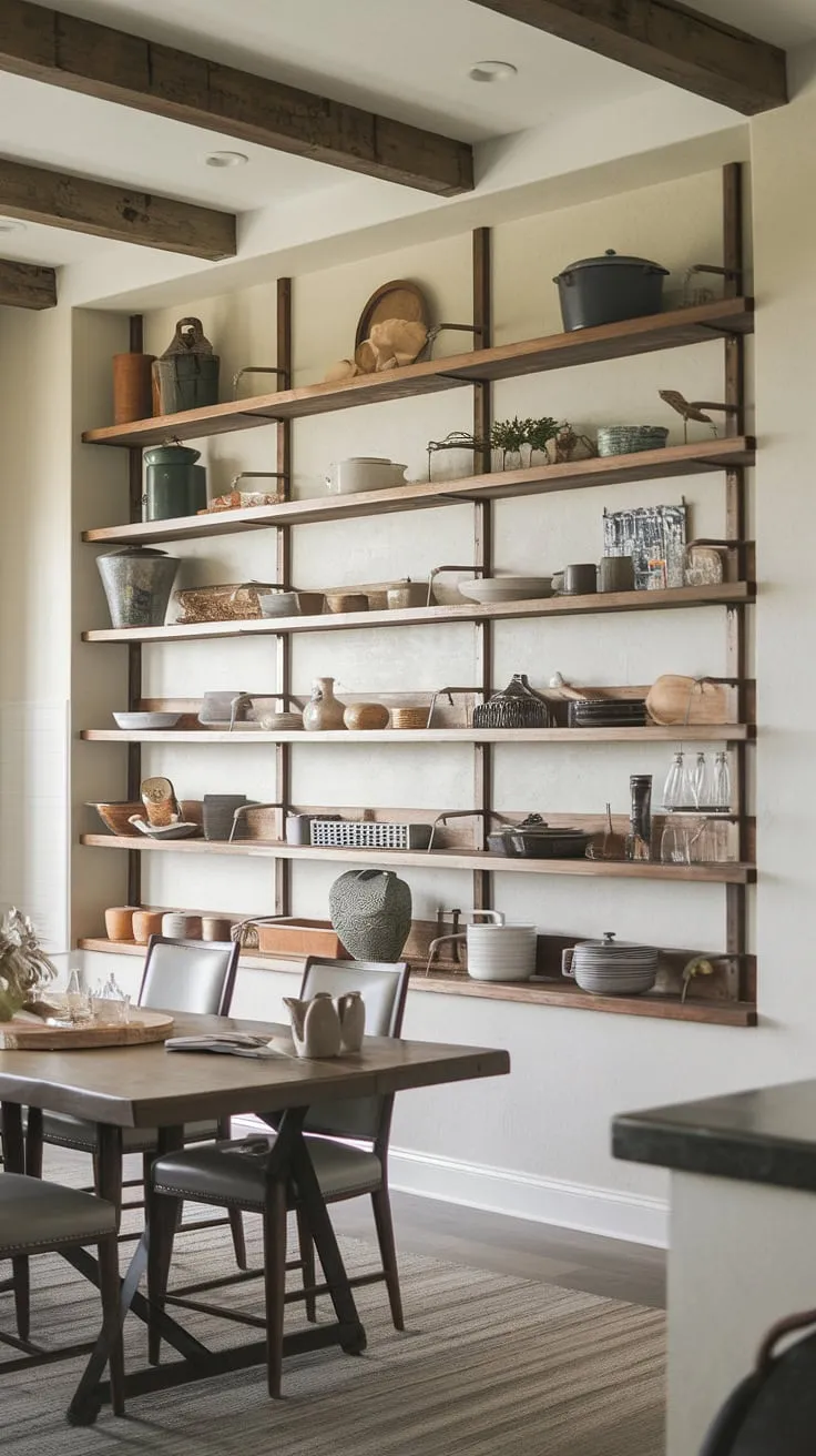 Rustic charm meets modern function in this dining room. The accent dining room wall, a stunning display of dining room accents, transforms ordinary dining room interiors into inspiring dining room inspiration.