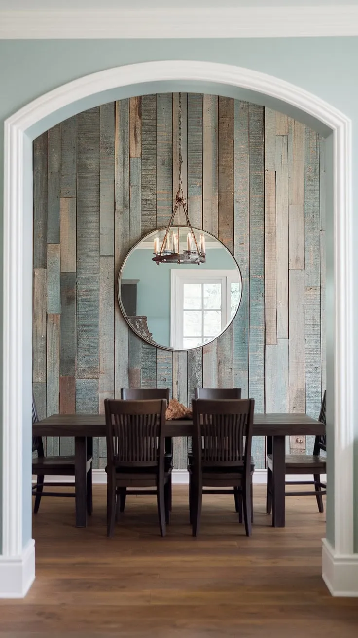 This dining room's stunning dining room accent wall, crafted from reclaimed wood, is the perfect blend of rustic and refined. The dining room walls' light blue paint complements the feature wall beautifully, creating a captivating dining room design that's full of character and warmth.