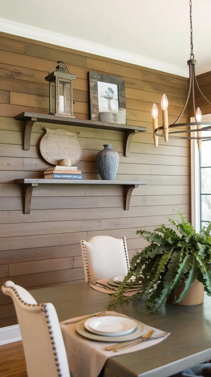 Rustic charm meets modern elegance in this dining room. The shiplap dining room accent wall, complete with carefully curated dining room accents, elevates the space and offers plenty of dining room inspiration for your own dining room walls.