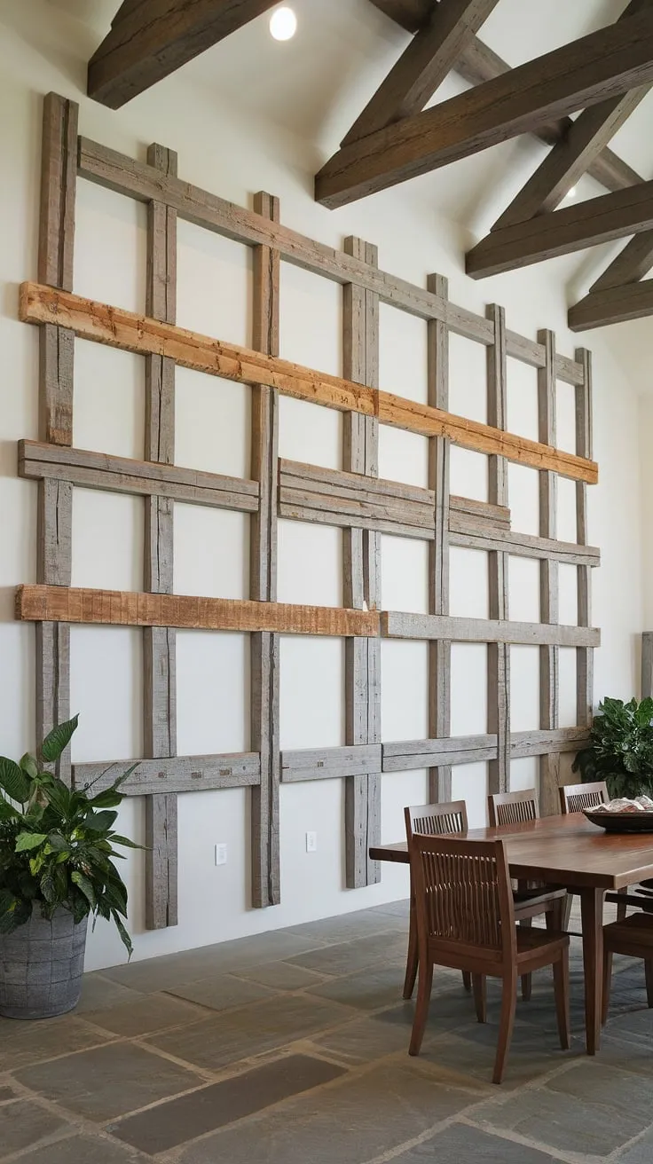 Rustic charm meets modern elegance in this dining room, where a stunning accent dining room wall of weathered beams creates a captivating dining room feature wall. The perfect dining room inspiration for those seeking unique dining room accents and unforgettable dining room interiors.
