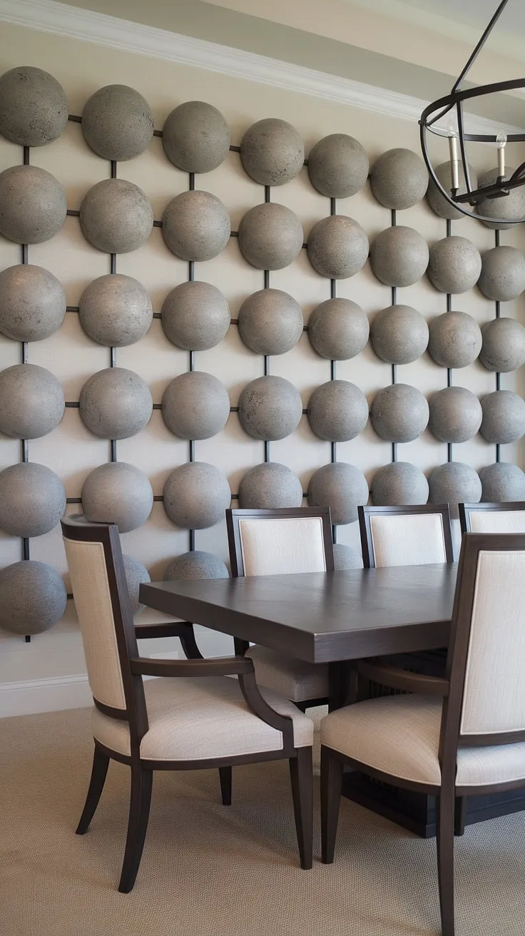 This dining room accent wall, a masterpiece of textured gray spheres, transforms ordinary dining room walls into extraordinary dining room inspiration. The perfect blend of dining room accents for a memorable space.