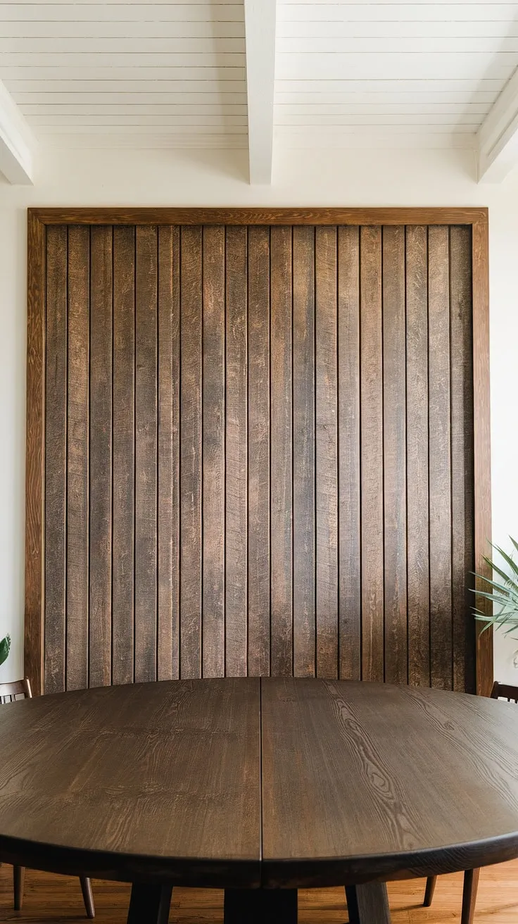 This dining room's design is elevated by a striking dining room accent wall. The textured wood, a key element in these dining room interiors, draws the eye and adds depth to the room. The choice of wood for the dining room walls and the round dining table creates a cohesive and stylish dining room inspiration, showcasing the power of simple yet impactful dining room accents.