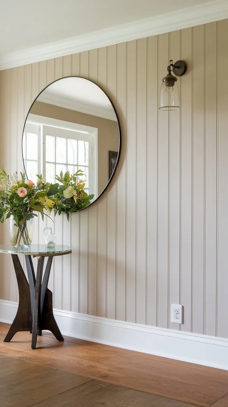 A touch of elegance at the house entrance: this board and batten wall creates a captivating focal point. The board and batten design is the perfect complement to this home entrance decor, making it a truly special accent entryway wall.