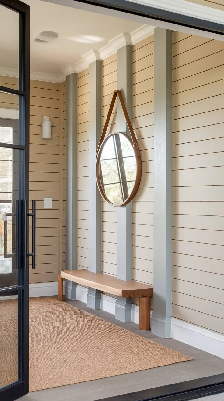 A pop of blue elevates this accent entryway wall, showcasing the beauty of board and batten in this charming home entrance decor. The board and batten wall, complete with a round mirror and wooden bench, makes a statement at the house entrance.