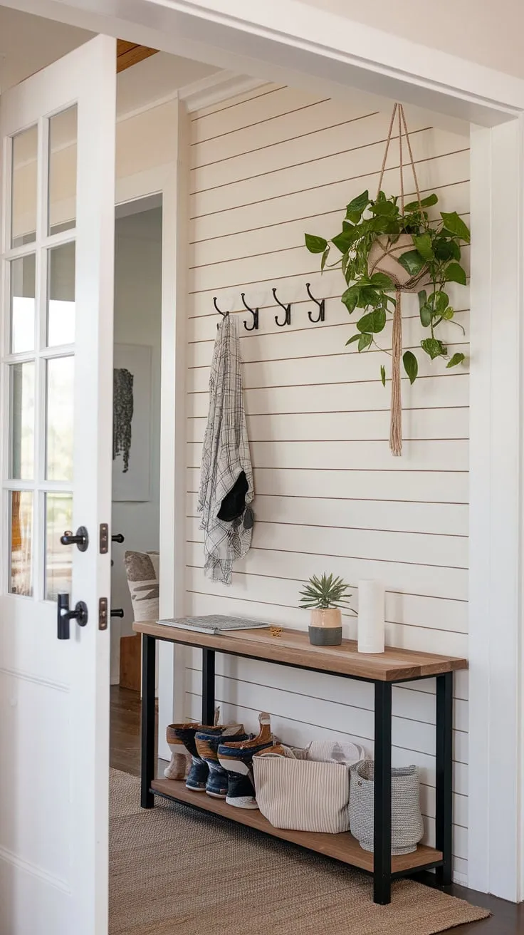 An accent entryway wall, featuring a charming board and batten design, welcomes you home. The board and batten wall adds texture and style to this house entrance, complete with practical storage and a touch of greenery.