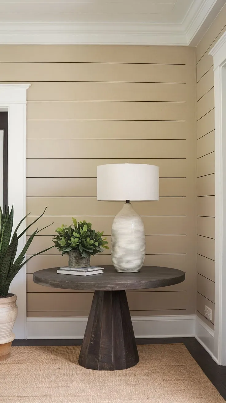 Warm and inviting, this home entrance boasts a stunning accent entryway wall clad in elegant board and batten. The light beige board and batten wall provides a perfect backdrop for the dark wood accent table, topped with a white lamp and a lush potted plant. The beige rug completes the cozy and sophisticated home entrance decor.