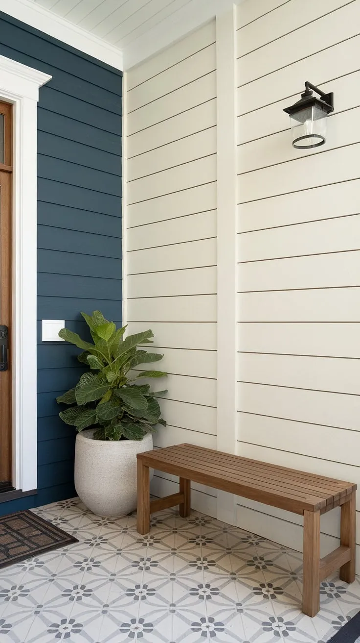 This inviting home entrance boasts a stunning board and batten wall, its blue accent adding a pop of color to the space. The thoughtful home entrance decor, including a cozy bench and vibrant greenery, creates a warm and welcoming atmosphere. The patterned tile floor completes the look, showcasing the beauty of this board and batten design at the house entrance.