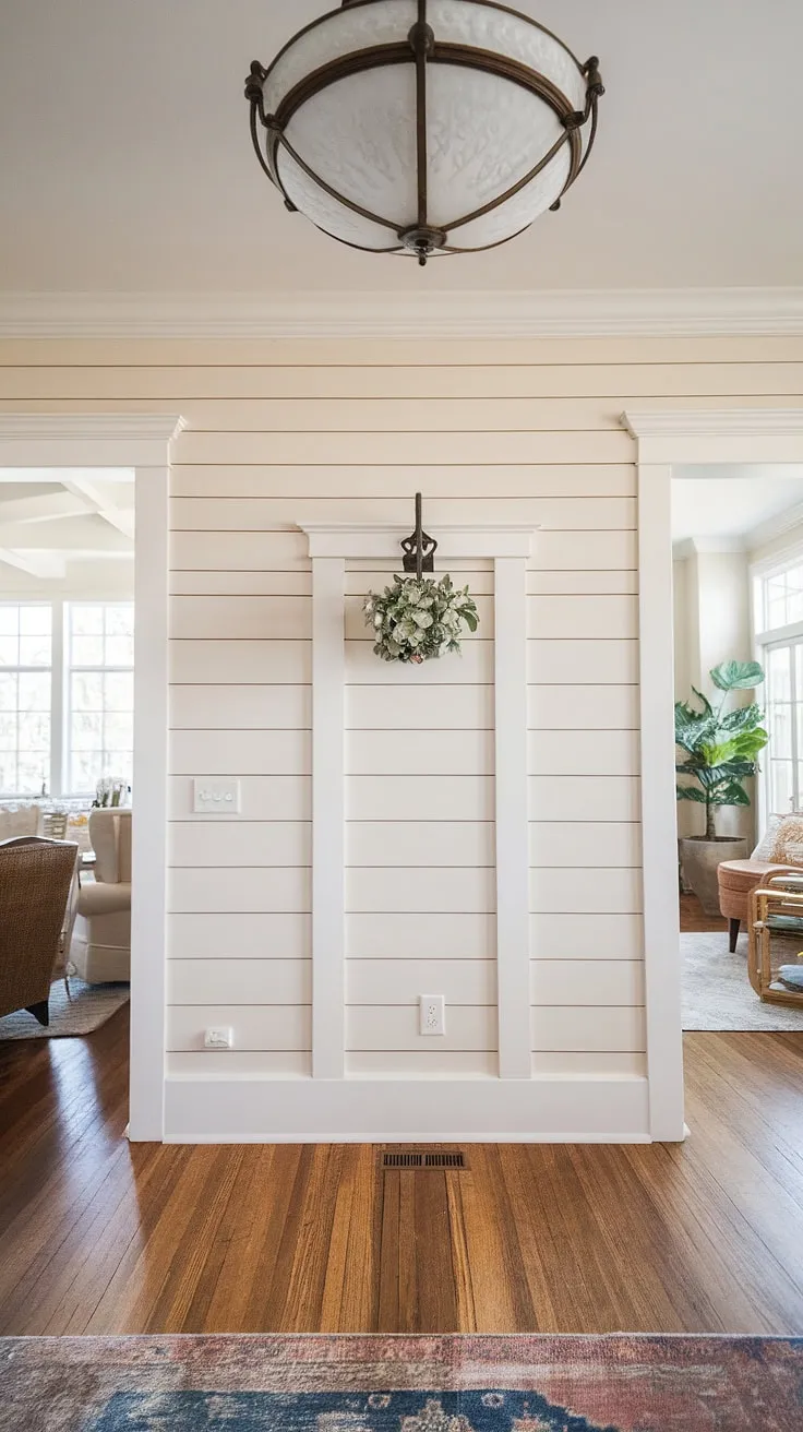 Board and batten perfection! This accent entryway wall elevates the home entrance decor, showcasing the beauty of board and batten in a sophisticated board and batten wall design.
