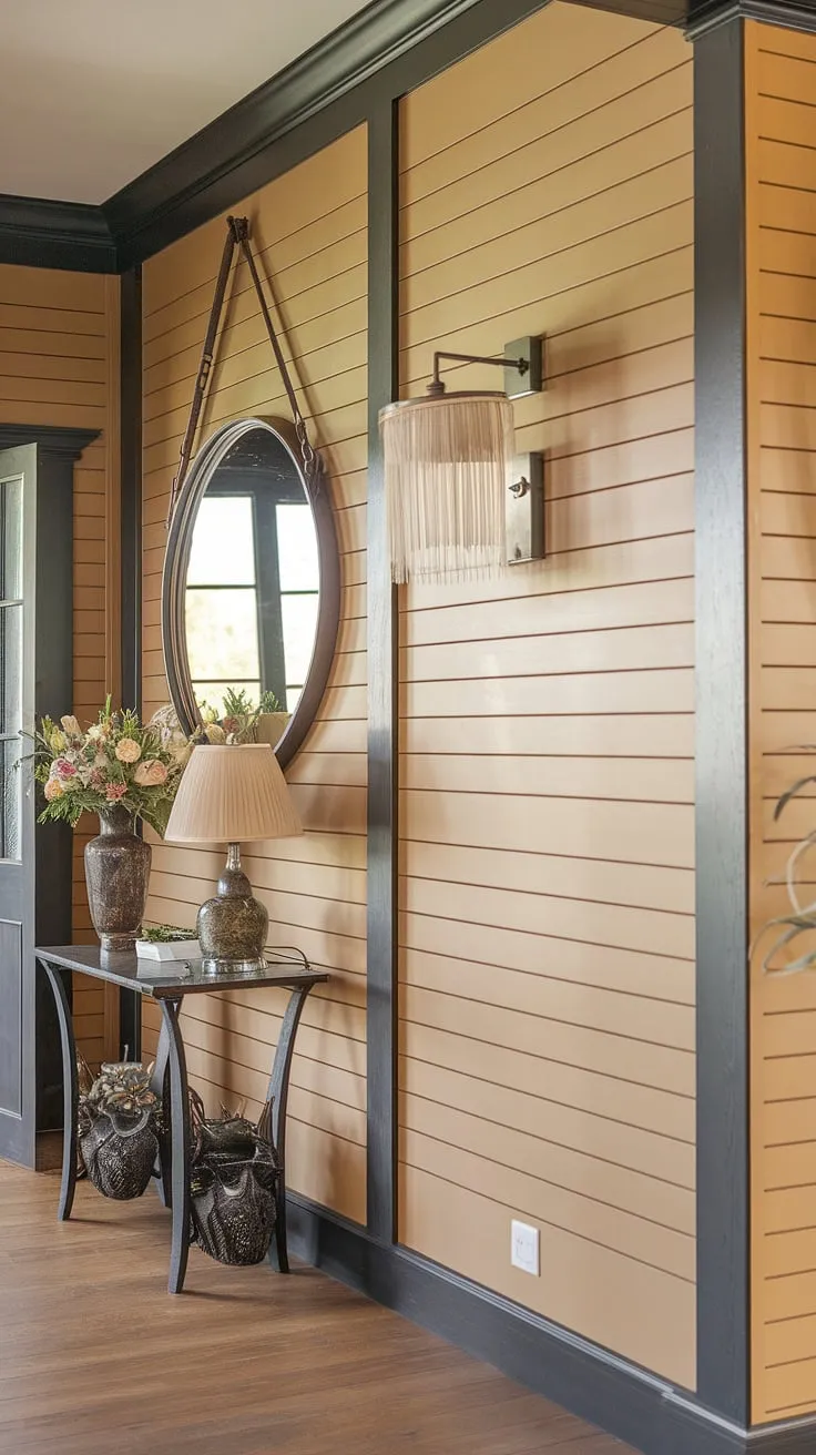 Warm beige hues and crisp black lines define this stunning accent entryway wall, showcasing a beautifully executed board and batten design. The large mirror and carefully chosen home entrance decor, including a vase of fresh flowers and a stylish lamp, complete the inviting atmosphere of this house entrance. The board and batten wall is a focal point, adding texture and sophistication to the space.