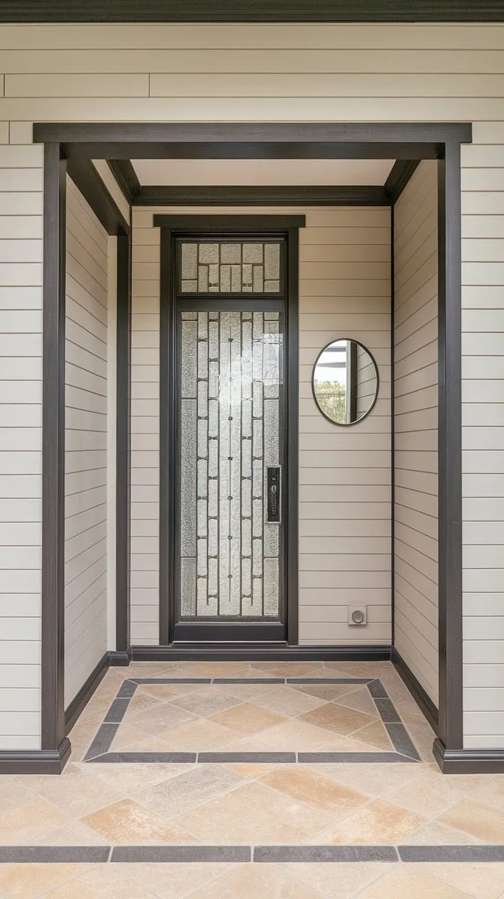 This stunning accent entryway wall, featuring a sophisticated board and batten design in a light beige with black accents, sets the tone for this inviting home entrance. The patterned glass door and round mirror above add a touch of elegance to the home entrance decor, perfectly complemented by the stylish beige and grey tiled floor.