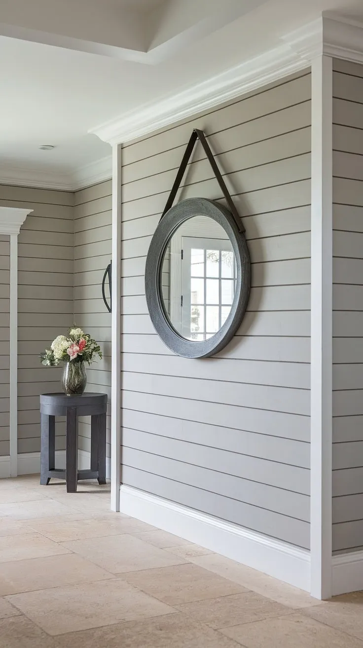 This board and batten wall transforms a simple house entrance into a captivating space. The accent entryway wall, a perfect blend of board and batten design, elevates the home entrance decor.