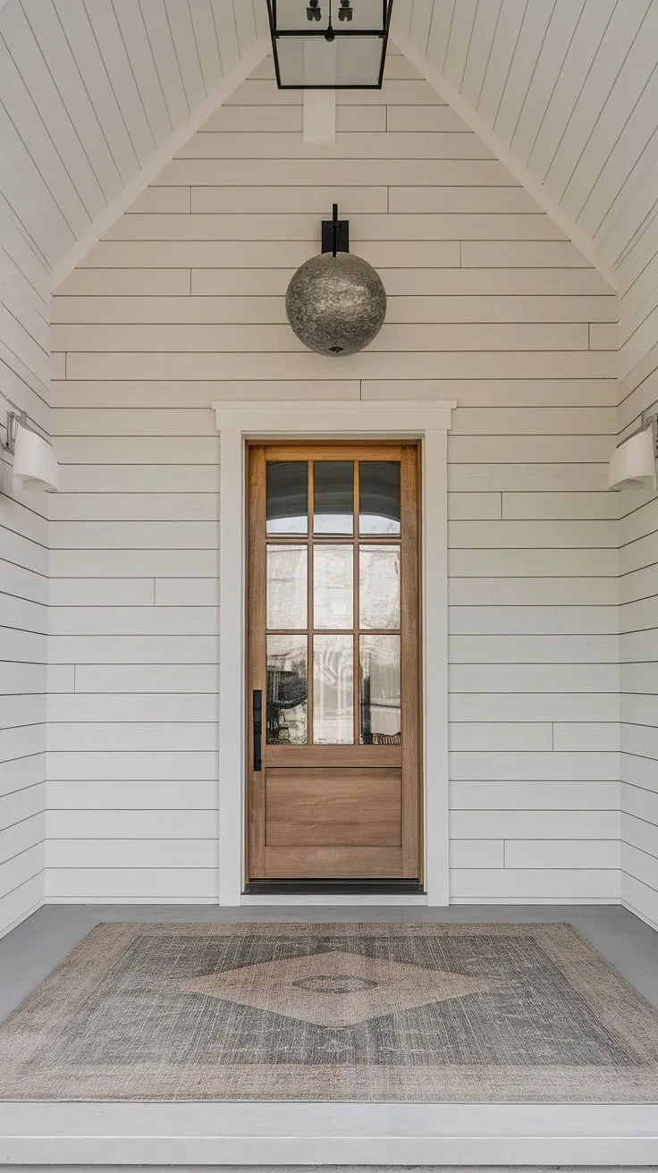 The board and batten wall creates a striking backdrop for this minimalist home entrance. The light grey and white board and batten perfectly complements the warm tones of the wooden door, while the statement lighting fixture and area rug add warmth and texture to the space. This home entrance decor showcases the beauty of simple, yet impactful design.