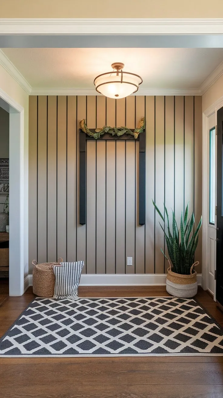 This accent entryway wall, featuring a stylish board and batten design in beige and black, instantly elevates the home entrance. The textured board and batten wall provides a sophisticated backdrop for the black and white patterned rug and the carefully chosen decorative accents, creating a welcoming house entrance.