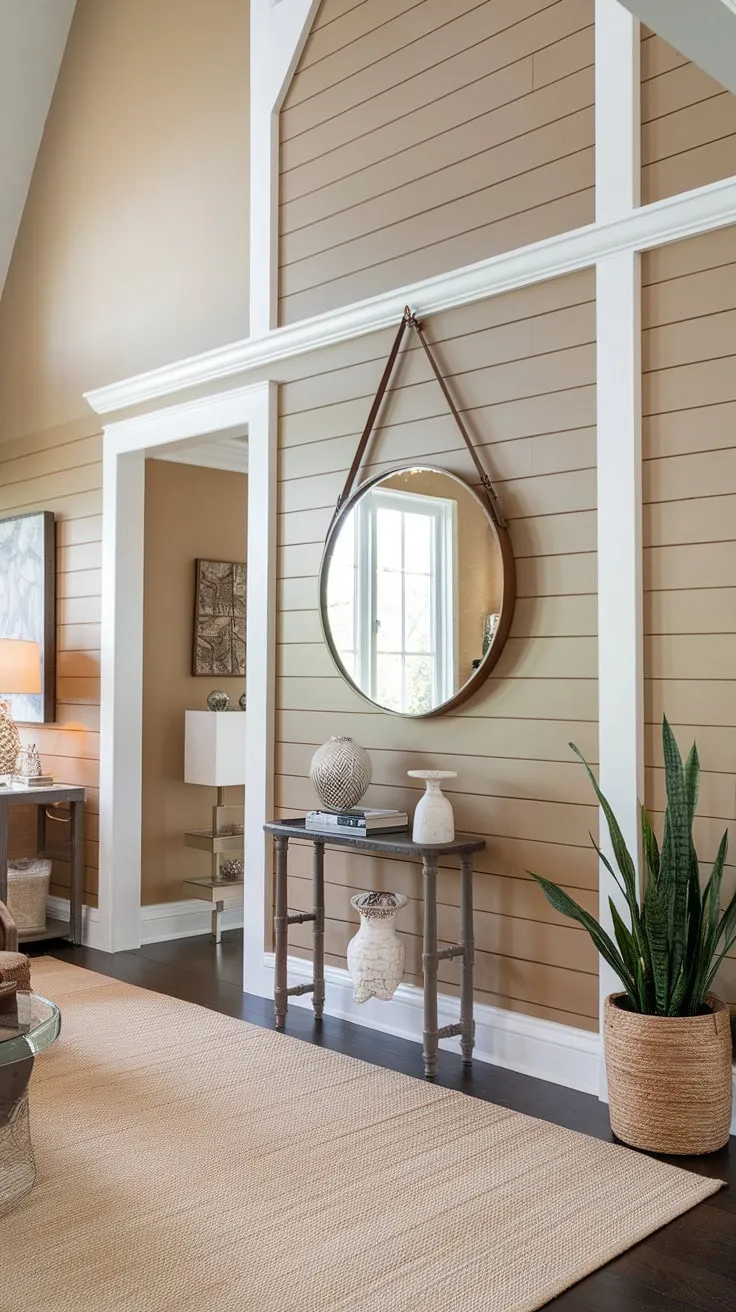 The elegant board and batten wall creates a stunning focal point in this home entrance, showcasing a sophisticated accent entryway wall design. The creamy beige backdrop and crisp white batten strips are complemented by a large round mirror and subtle home entrance decor, creating a welcoming atmosphere.