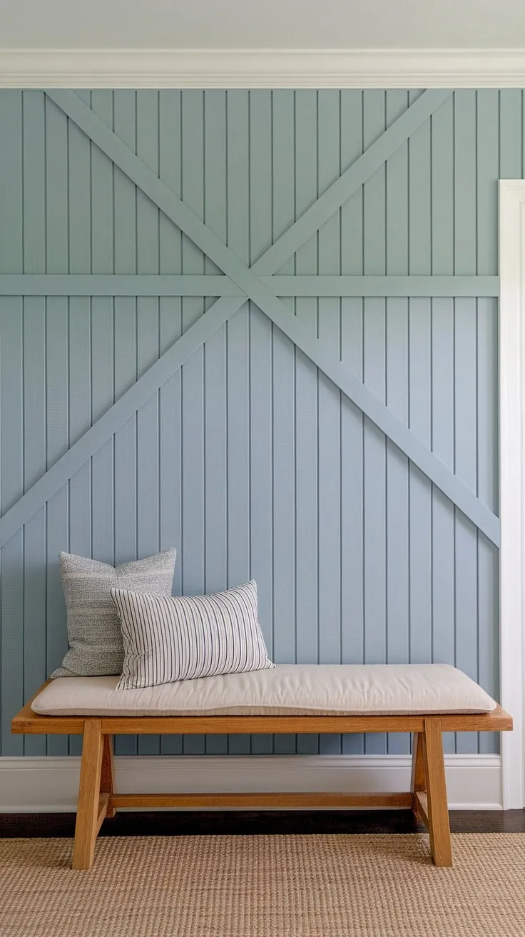 Step into serenity with this charming accent entryway wall. The board and batten wall, a perfect piece of home entrance decor, welcomes you home.