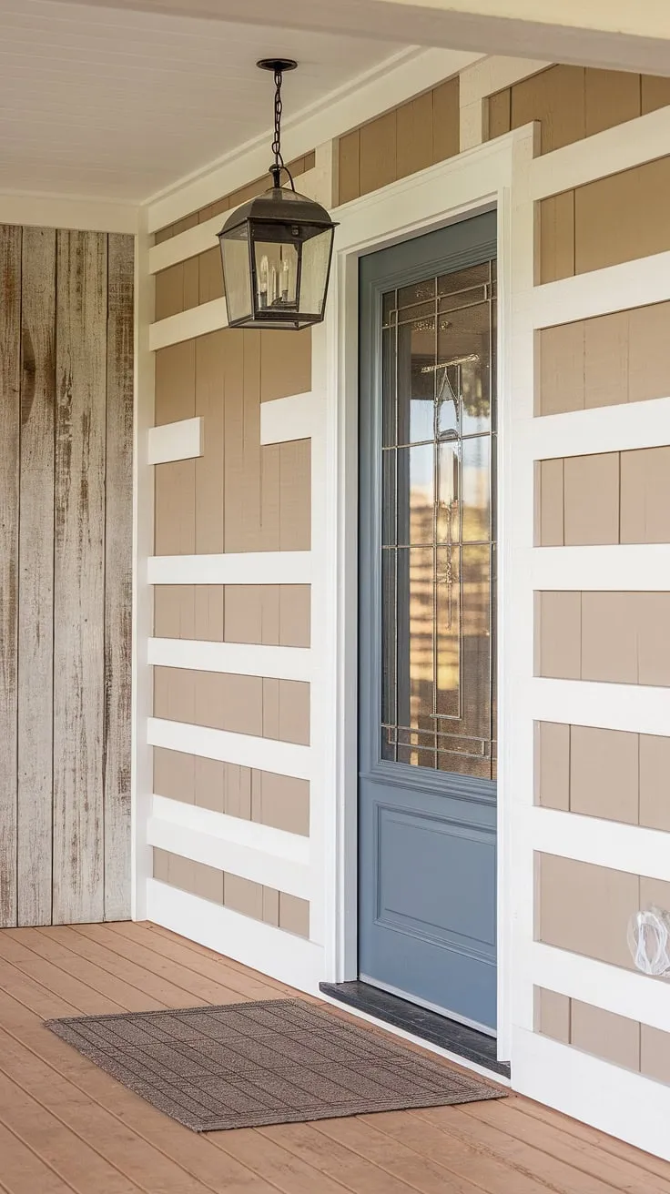 This board and batten wall creates a captivating focal point for this home entrance. The subtle color palette of the board and batten and the warm wood flooring contribute to the overall welcoming ambiance. The blue door and hanging lantern add a touch of elegance to this charming board and batten home entrance decor. The distressed wood panel on the left complements the accent entryway wall perfectly.