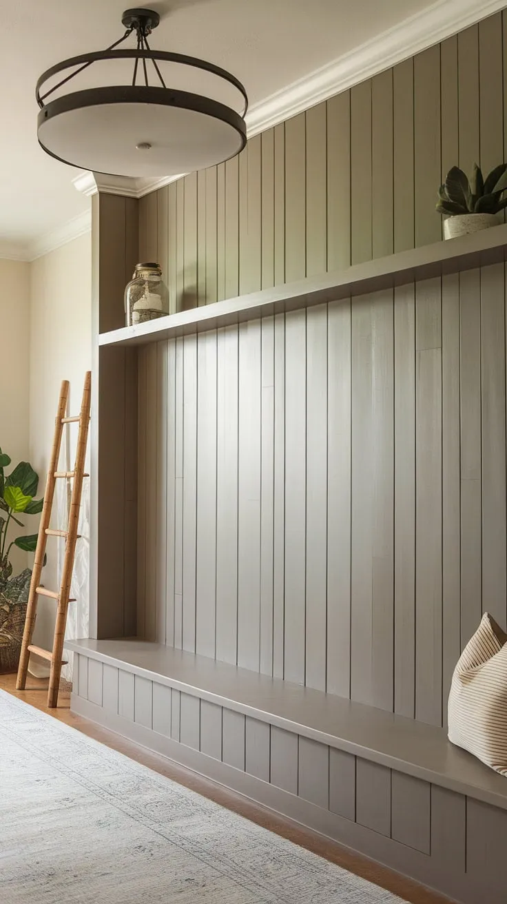 This stunning accent entryway wall, featuring a striking board and batten design, instantly elevates the home entrance decor. The board and batten wall adds warmth and texture, creating a welcoming feel to this house entrance.