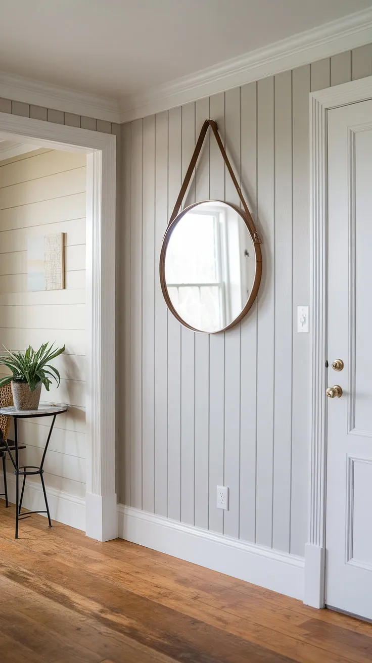 This board and batten wall is the perfect home entrance decor. The light gray and white board and batten creates a sophisticated accent entryway wall, complemented by a simple round mirror and a touch of greenery. The warm wooden floor adds to the inviting atmosphere of this house entrance.