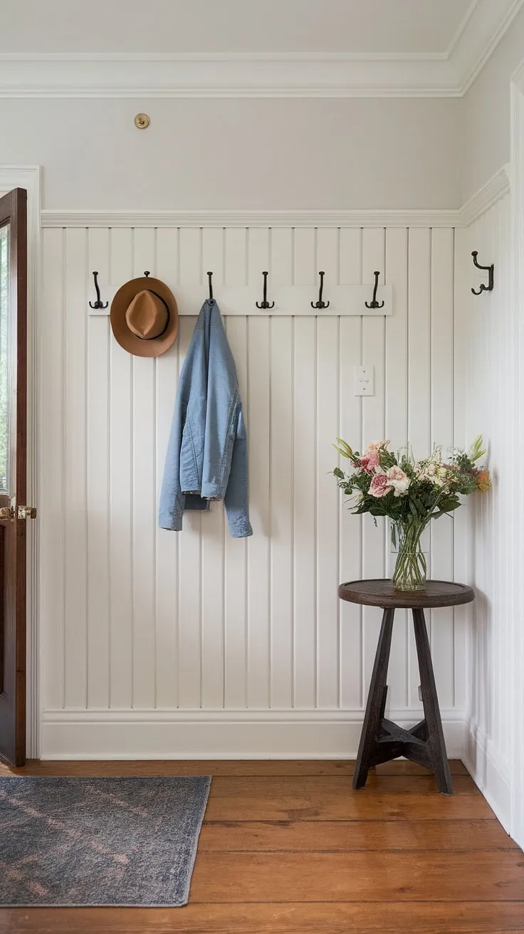 This charming house entrance features a crisp white accent entryway wall clad in classic board and batten. The board and batten wall provides both style and functionality, with added hooks for coats and hats. A small table with a vase of fresh flowers completes the home entrance decor, creating a welcoming atmosphere. The wood flooring and area rug add warmth to this inviting space.