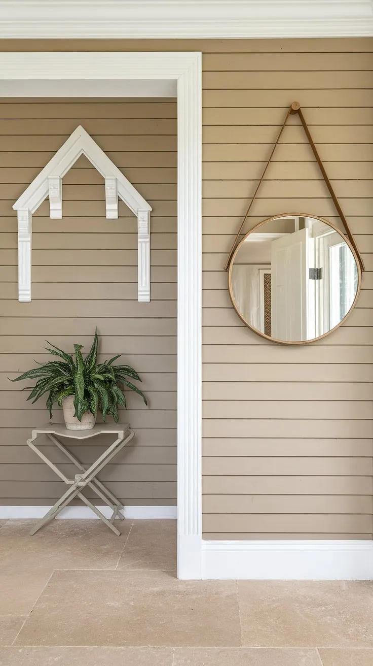 This charming house entrance boasts a stunning accent entryway wall, featuring a classic board and batten design in calming beige and white. The large circular mirror adds a touch of elegance to the home entrance decor, while the small white table with its potted plant completes the welcoming ambiance. The consistent board and batten wall treatment creates a cohesive and stylish feel.