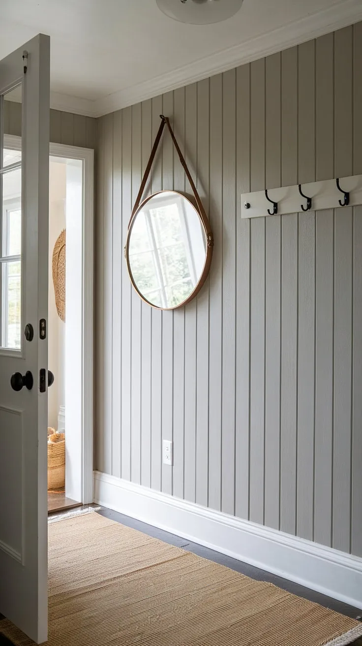 Step into style with this inviting house entrance. The accent entryway wall, featuring a sophisticated board and batten design in a calming light gray, is the perfect backdrop for the large round mirror and creates a welcoming home entrance decor. Practical coat hooks add functionality to the space, while a beige rug softens the look.
