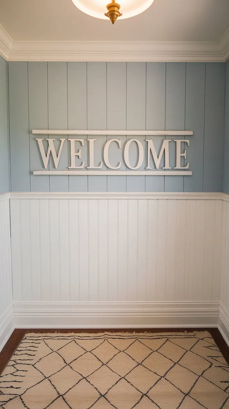 A serene and inviting house entrance, featuring a stunning light blue accent entryway wall clad in crisp white board and batten. The board and batten wall is beautifully complemented by a large "Welcome" sign and a geometric patterned rug, creating a warm and stylish home entrance decor. A simple pendant light fixture completes the look.