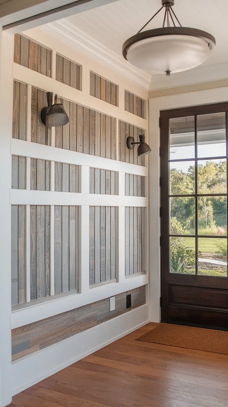 This board and batten wall is the perfect home entrance decor statement. The textured board and batten design elevates this accent entryway wall, making a grand impression at the house entrance.