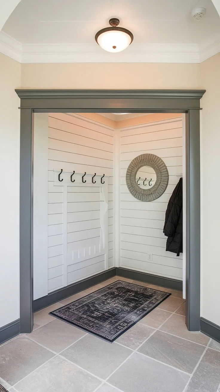 Step into style with this stunning accent entryway wall, perfectly complementing the crisp board and batten wall. A welcoming home entrance decor, showcasing the beauty of board and batten and thoughtful house entrance design.