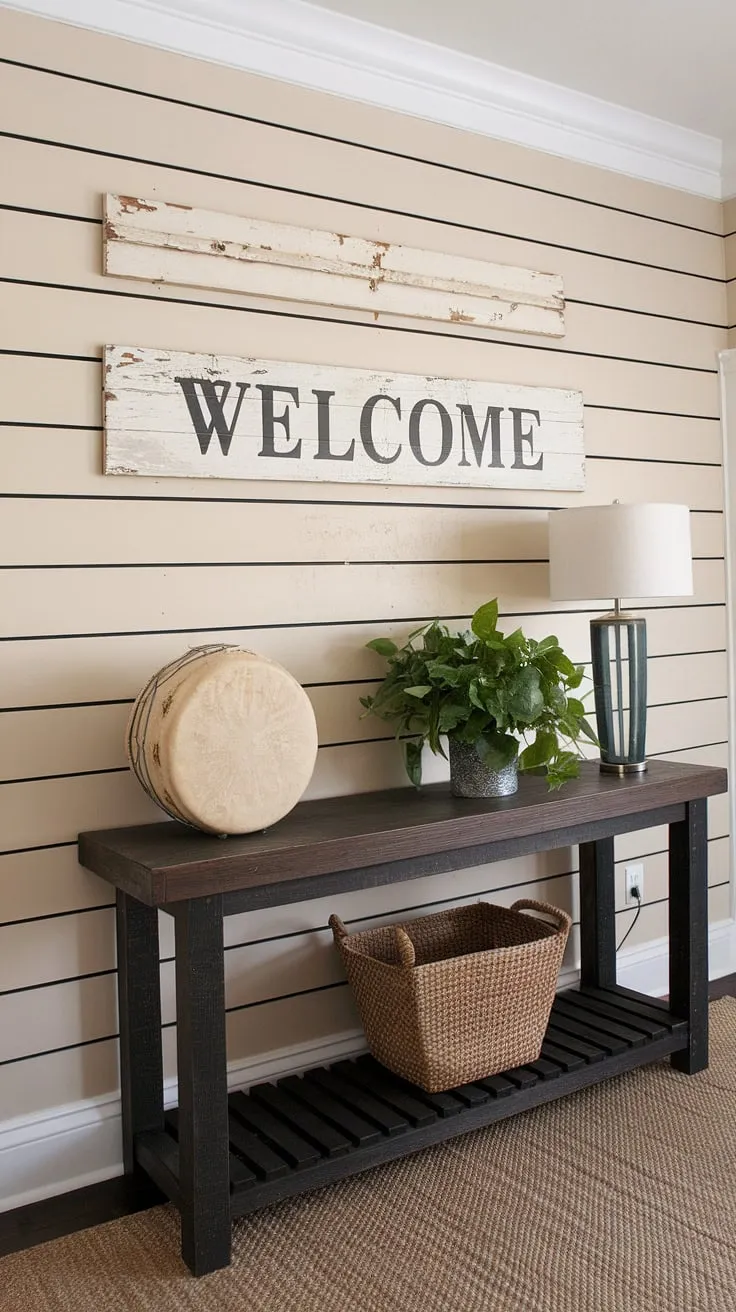 This accent entryway wall, featuring a striking board and batten design, sets the tone for a welcoming home entrance. The board and batten wall perfectly complements the home entrance decor.