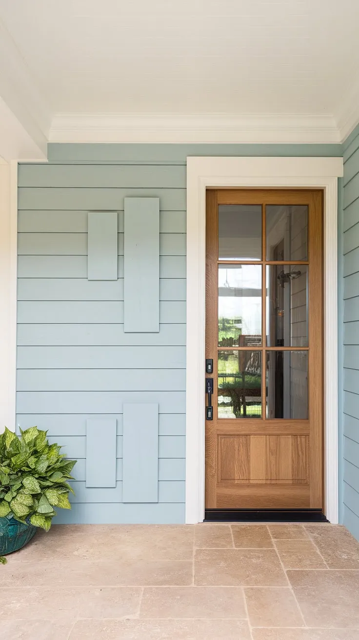 A serene home entrance, defined by a stunning light blue accent entryway wall featuring a classic board and batten design. The board and batten wall adds instant charm to this house entrance decor.