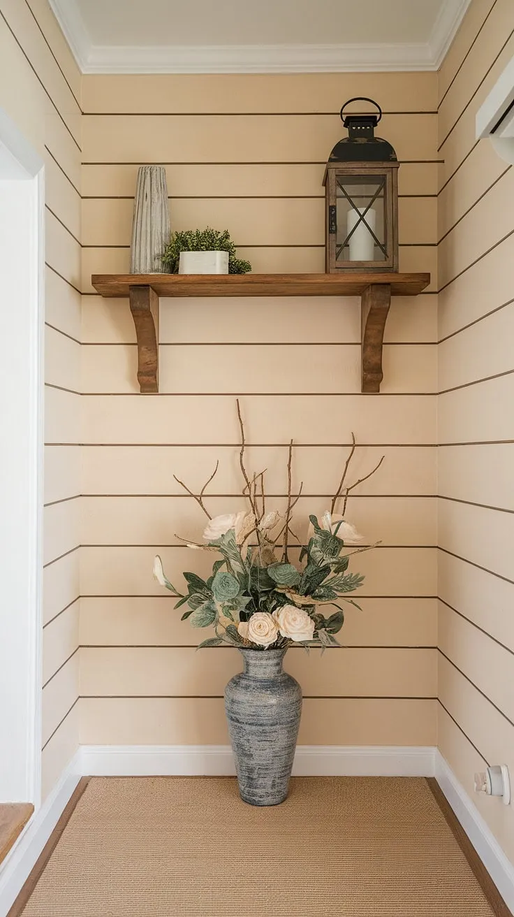 This board and batten wall is the perfect addition to this home entrance. The neutral color palette of the board and batten creates a calming atmosphere, while the simple home entrance decor adds a touch of personality. The result is a welcoming and stylish house entrance.