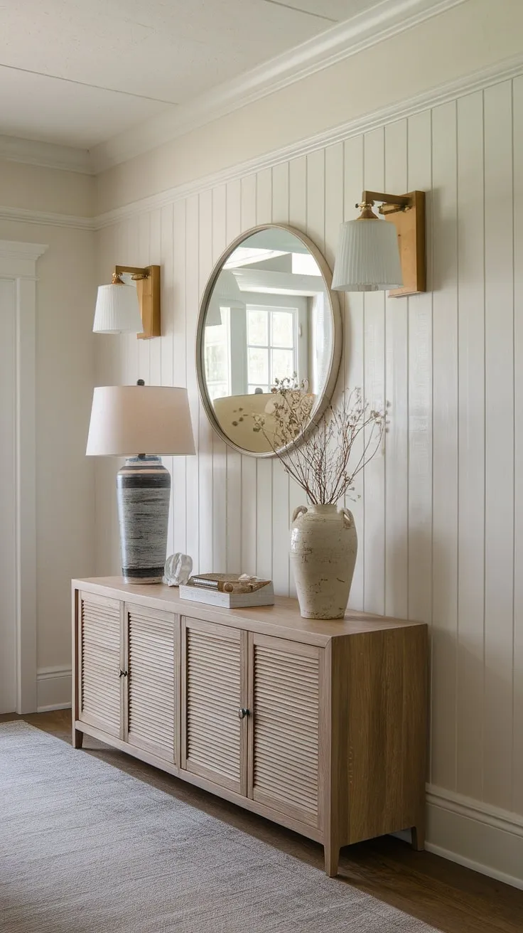 Step into style with this charming house entrance, featuring a stunning accent entryway wall. The crisp white board and batten wall, a testament to classic home entrance decor, is adorned with subtle yet elegant details, creating a welcoming atmosphere. The board and batten design adds texture and sophistication to this inviting space.