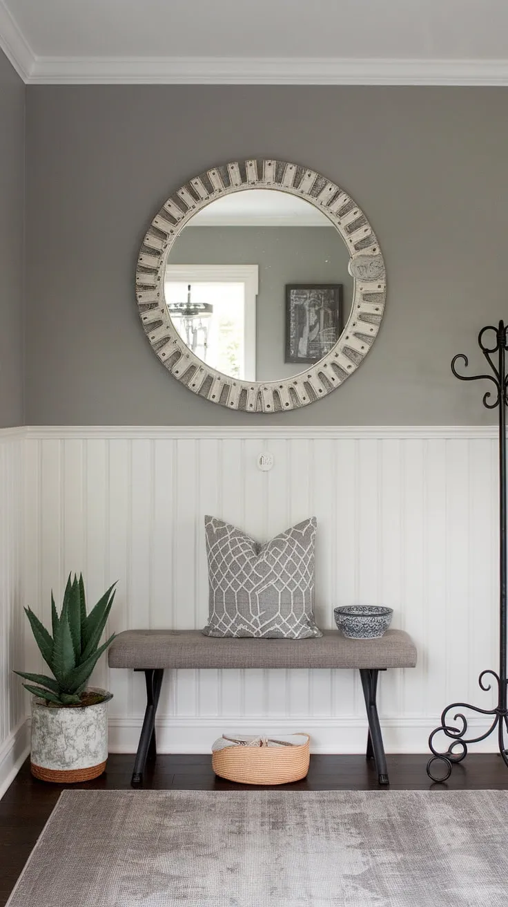 Step into style with this stunning accent entryway wall. The board and batten design elevates the home entrance decor, creating a welcoming house entrance.