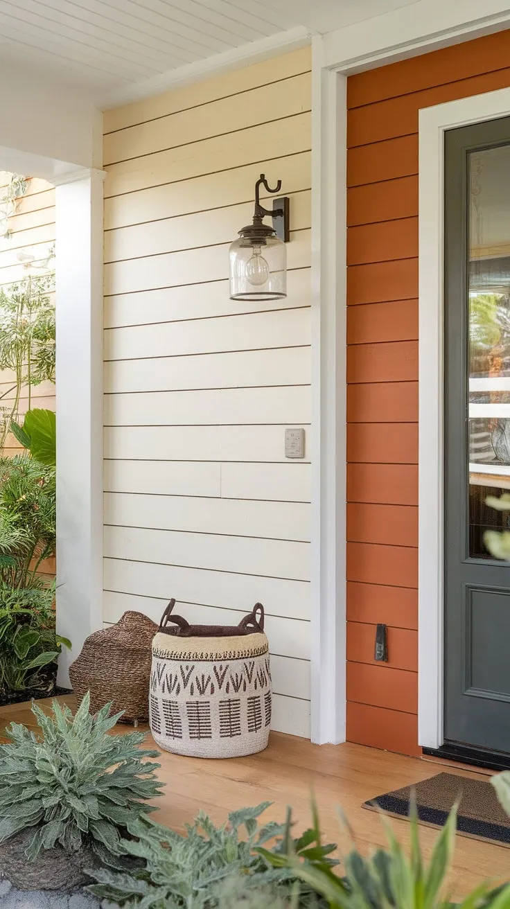 This house entrance is a picture of cozy style. The board and batten wall, featuring a striking burnt orange accent, creates a focal point in this charming entryway. Simple home entrance decor, including a lamp and basket, adds warmth against the board and batten backdrop. The wood floor ties the look together beautifully.