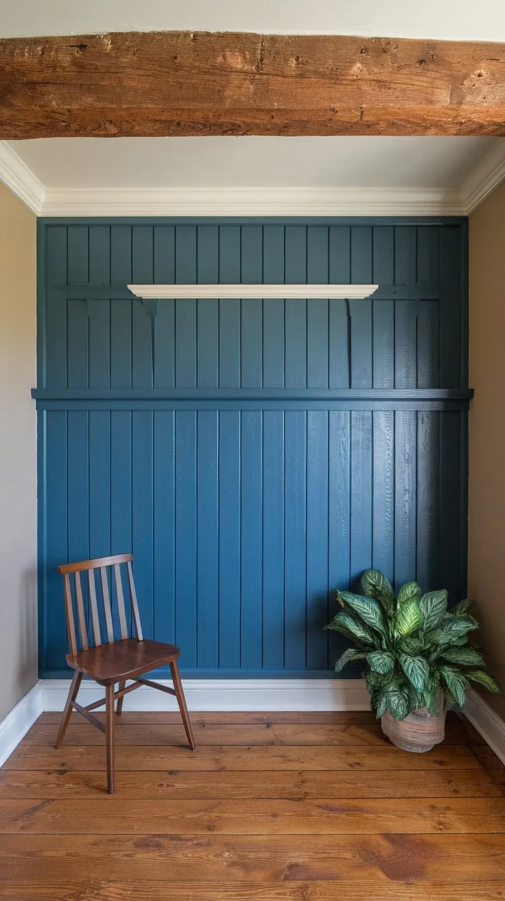 A deep blue board and batten wall creates a striking focal point in this accent entryway, its crisp white trim highlighting the beautiful board and batten detailing. The rustic wooden beam above adds warmth, complementing the wooden floor and simple home entrance decor. A wooden chair and potted plant add a touch of welcoming charm to this house entrance.