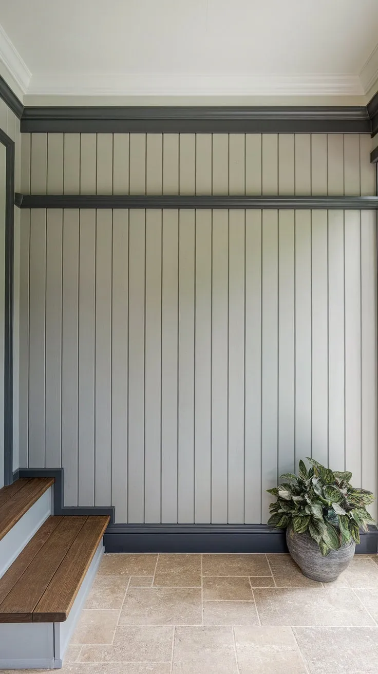 This stunning home entrance is defined by a striking accent entryway wall, showcasing a sophisticated board and batten design. The light gray board and batten wall, accented with a darker gray top strip, creates a welcoming atmosphere, complemented by beige tile flooring and a touch of greenery. A simple wooden step stool adds both practicality and charm to this thoughtfully designed house entrance.