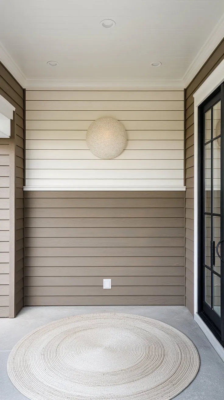 This stunning accent entryway wall, featuring a striking board and batten design, elevates the entire home entrance decor. The board and batten wall's unique three-section design, highlighted by a statement light fixture, creates a welcoming and sophisticated house entrance.