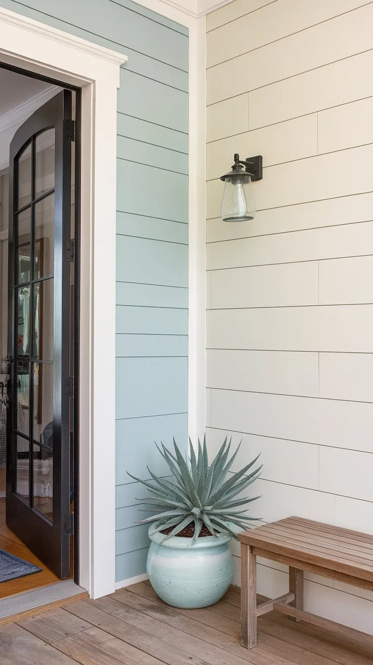 Step into tranquility with this charming board and batten wall. The light blue accent entryway wall adds a touch of elegance to the home entrance, making it a truly inviting space. Simple home entrance decor completes this beautiful board and batten design.