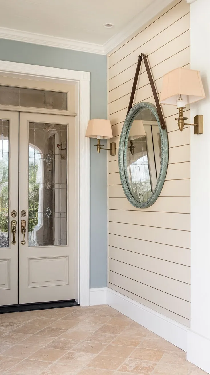 A welcoming house entrance is created with this board and batten wall, showcasing a light blue accent that perfectly complements the beige tile flooring. The board and batten design adds a touch of classic charm to the home entrance decor. A large mirror and stylish lamps flank the beige door, enhancing the overall appeal of this inviting entryway. The brass door handle adds a touch of luxury to this beautiful board and batten wall.