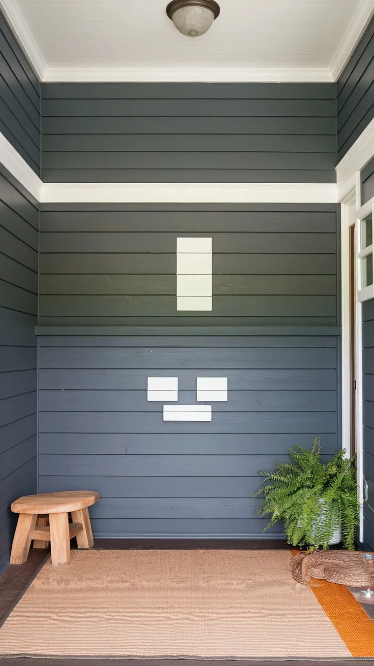 This home entrance boasts a stunning combination of textures and colors. The board and batten wall, painted in a dark grey with crisp white battens, is beautifully accented by the blue shiplap above. The overall design creates a welcoming and stylish board and batten aesthetic perfect for home entrance decor.