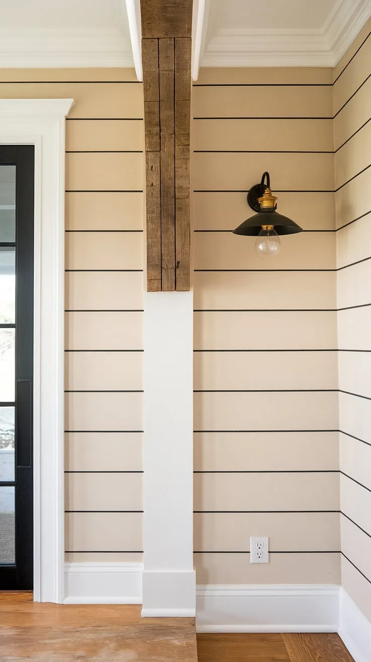 This charming home entrance boasts a beautifully designed board and batten wall, a perfect example of board and batten style. The light beige and black horizontal stripes of the accent entryway wall create a visually appealing contrast against the warm wood flooring. A simple lamp and exposed beam complete the welcoming atmosphere of this house entrance.